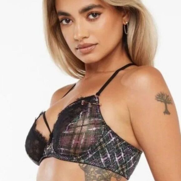 Savage X A Little Tart Black Purple Plaid Unlined Bra 34D - Picture 1 of 5